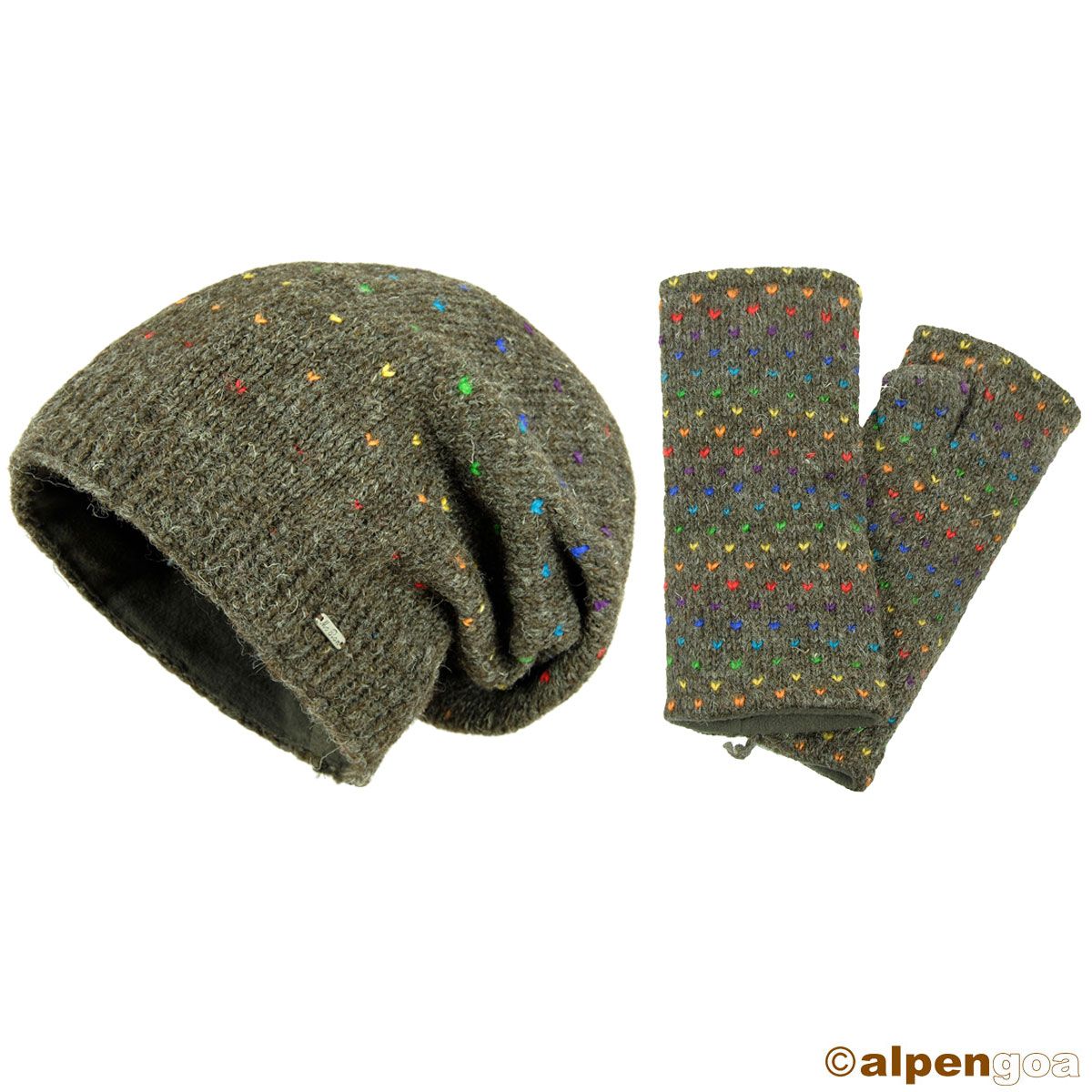 Beanie Wollmütze Modell Lizzy regenbogen naturdunkelbraun und Handstulpen